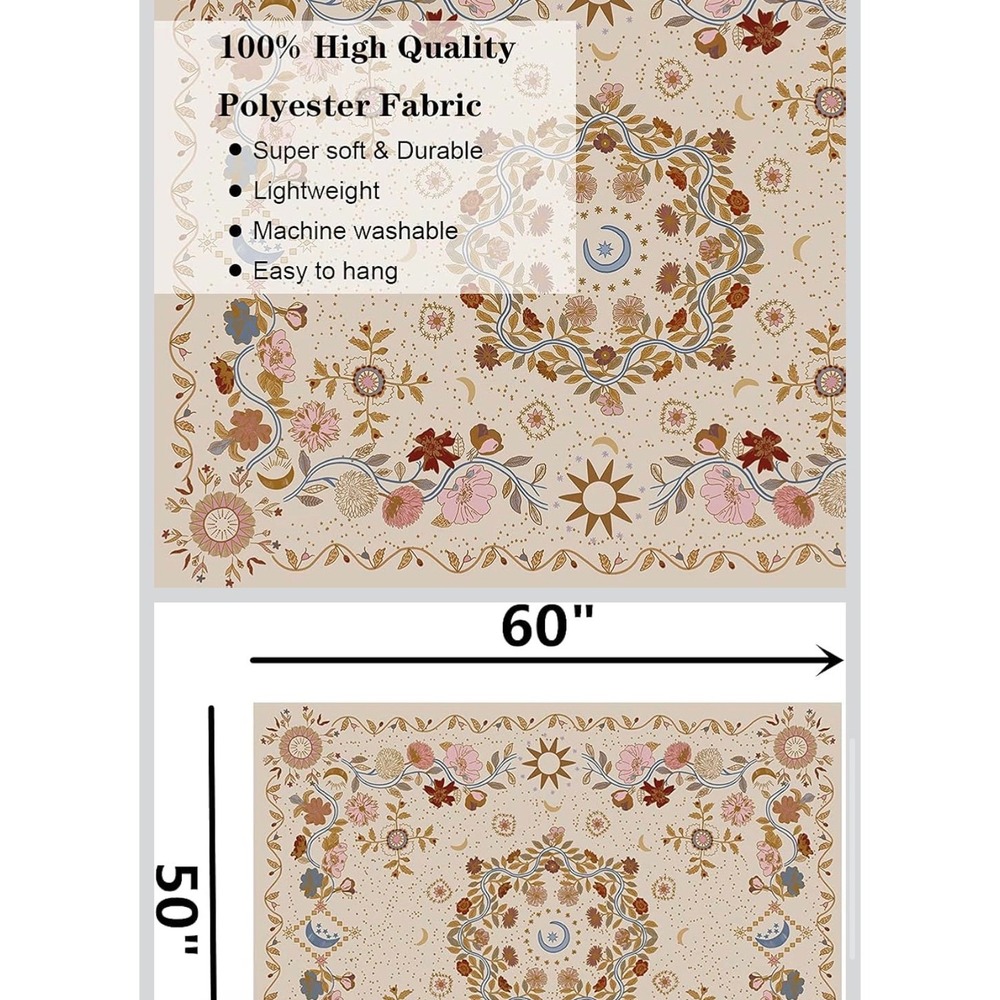 Boho Floral Celestial Tapestry Sun Moon Star Wall Hanging 60x50 Polyester - Picture 2 of 2